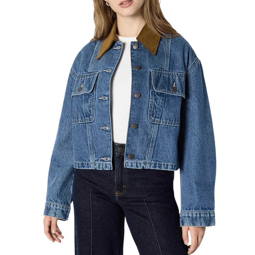 A denim jacket with a brown corduroy collar, featuring button closures and multiple front pockets.