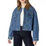 A denim jacket with a brown corduroy collar, featuring button closures and multiple front pockets.