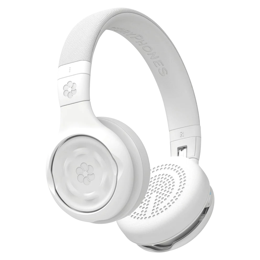 White, over-ear wireless headphones designed for kids, with a flexible headband and cushioned ear cups featuring a subtle pattern.
