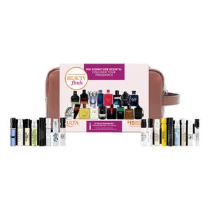 Men's Fragrance Sampler Kit includes 17 mini perfume vials from various brands, presented with a $15 gift card and a toiletry bag.