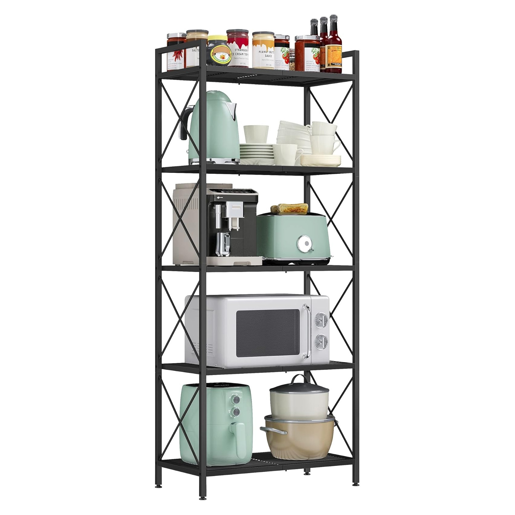 A black metal shelving unit holds various kitchen items, including jars, bottles, a coffee maker, toaster, microwave, air fryer, and a pot.