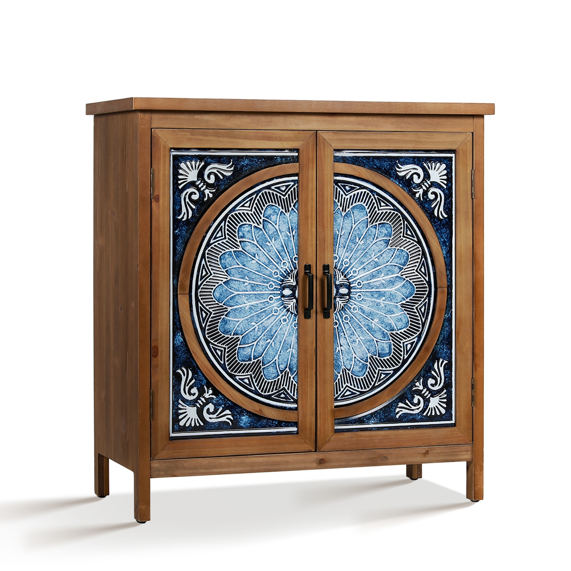 Wooden cabinet with ornate blue and white circular-patterned doors.