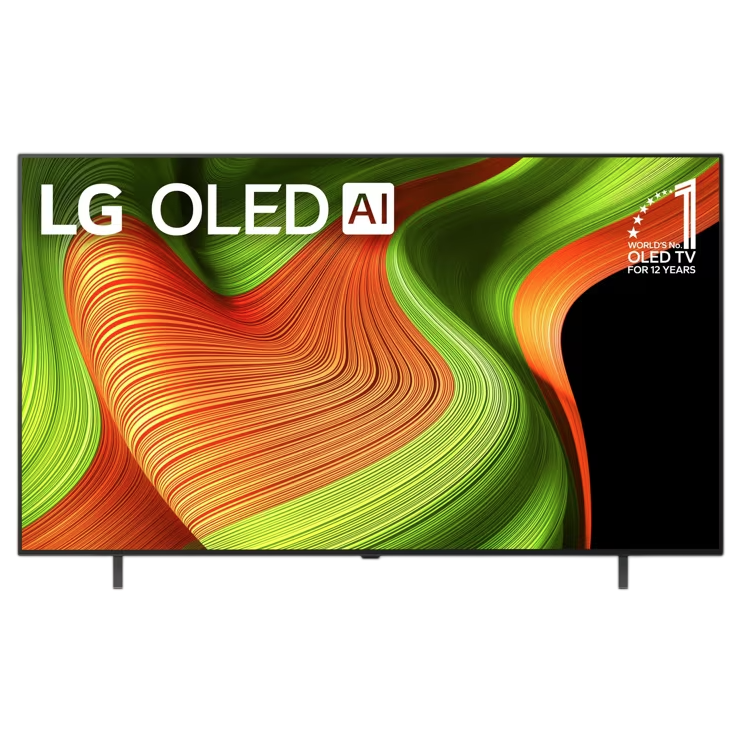 LG OLED TV featuring AI technology with vibrant abstract green and orange design.