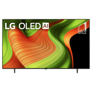 LG OLED TV featuring AI technology with vibrant abstract green and orange design.