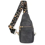A black sling bag with multiple zippered compartments and a leopard-print adjustable strap.