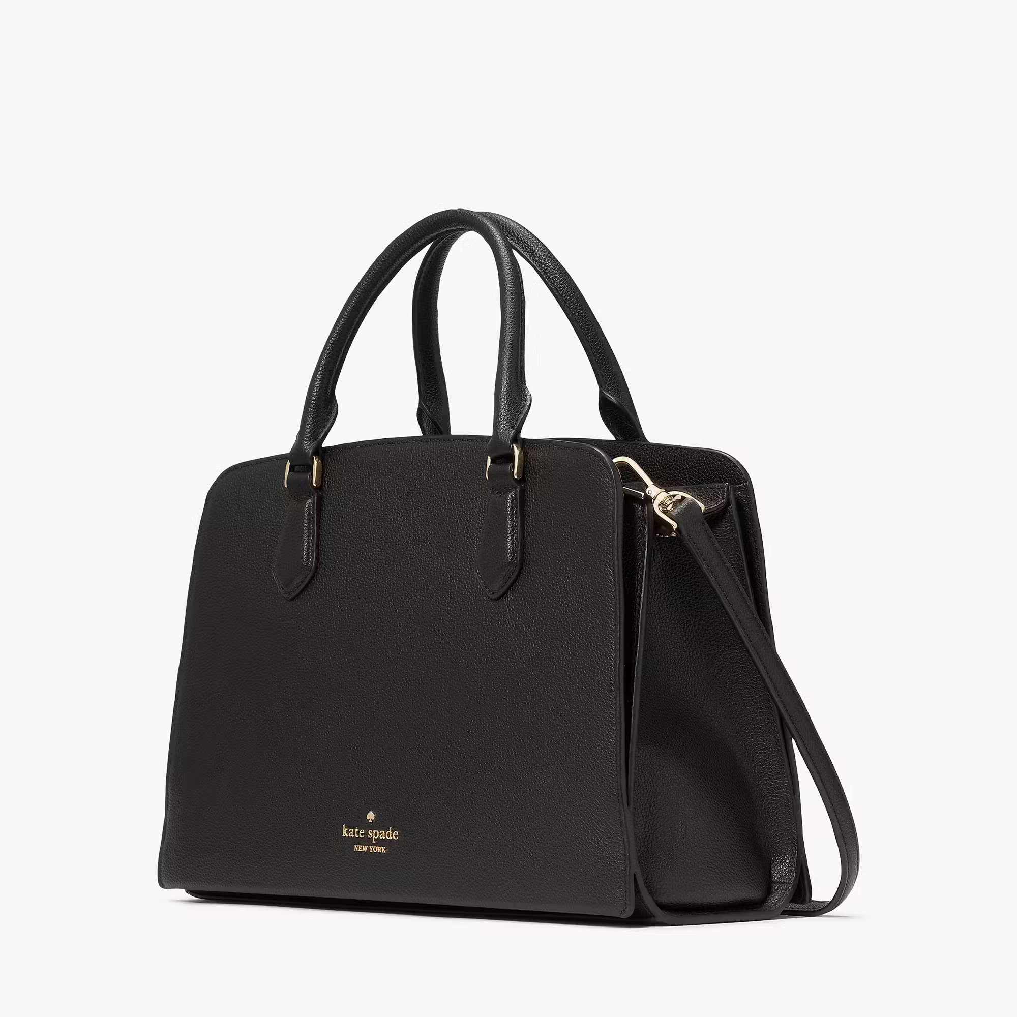 Black Kate Spade Addie Satchel with two top handles, a detachable shoulder strap, and gold-tone hardware. The bag features a structured shape with the brand's logo on the front.