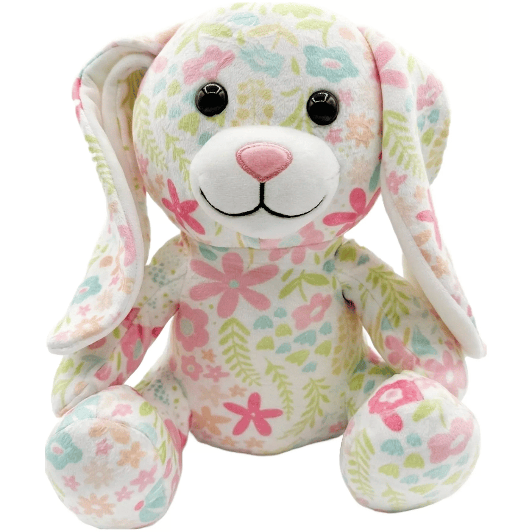 A plush stuffed bunny with a pastel floral pattern featuring large black eyes and floppy ears.