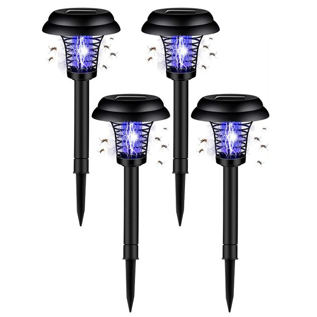 Four solar-powered bug zappers designed for outdoor use, featuring black stakes and blue light to attract and eliminate insects.