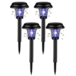 Four solar-powered bug zappers designed for outdoor use, featuring black stakes and blue light to attract and eliminate insects.