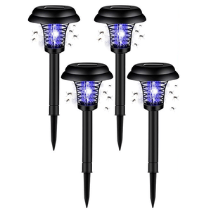 Four solar-powered bug zappers designed for outdoor use, featuring black stakes and blue light to attract and eliminate insects.