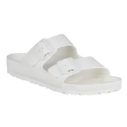 White slip-on sandal with two buckle straps and a textured sole.