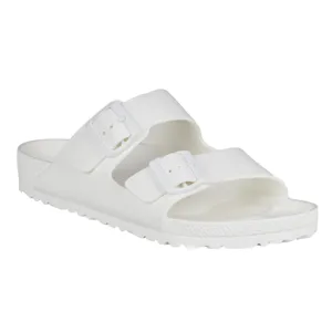 White slip-on sandal with two buckle straps and a textured sole.