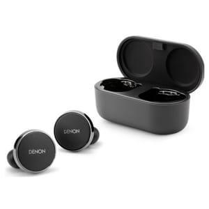 Denon Noise Cancelling Earbuds with charging case are wireless, compact, and designed for reducing ambient noise. They feature a sleek black design, suitable for on-the-go listening.