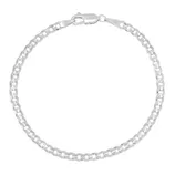 A silver chain bracelet with a lobster clasp, marked with \“925\“ indicating sterling silver.