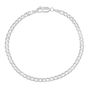 A silver chain bracelet with a lobster clasp, marked with \“925\“ indicating sterling silver.