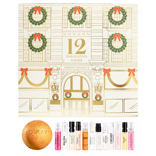 Macy’s \“12 Days of Scents for Her\“ includes a variety of perfume samples and a gold bath bomb.