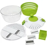 Kitchen mandoline set with multiple interchangeable blades for slicing and grating, a salad spinner, and a large clear bowl for food preparation.