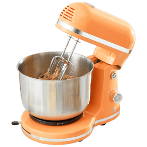 An orange stand mixer with a stainless steel bowl and twin beaters, ready for baking tasks.