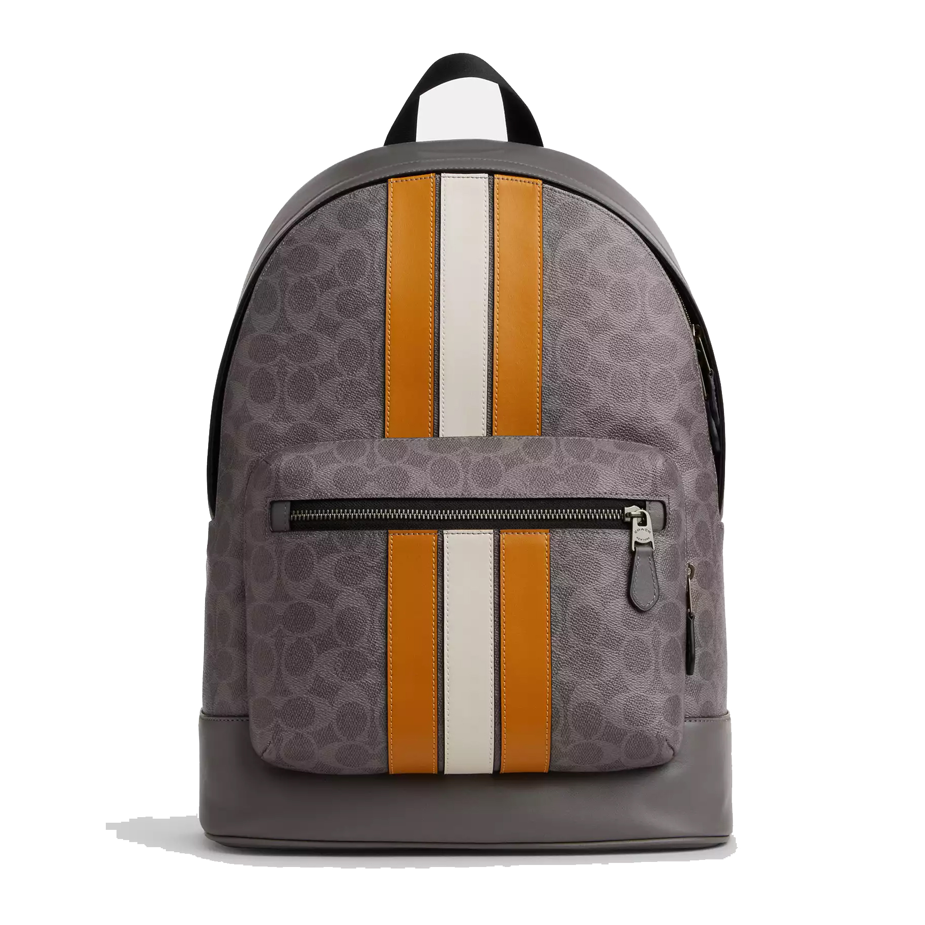 Gray leather backpack with signature pattern, featuring vertical orange and white stripes, front zipper pocket, and top handle.