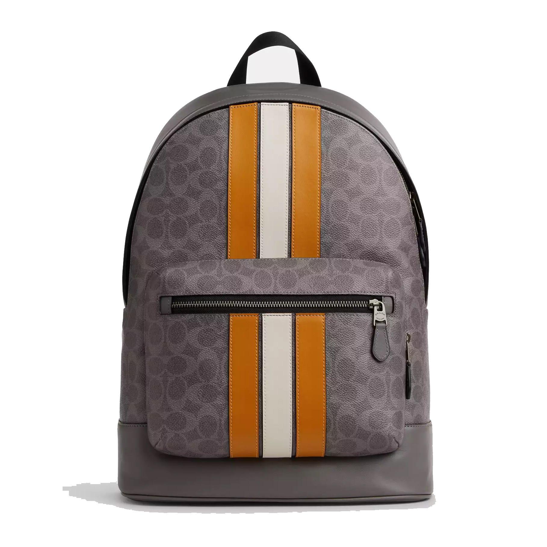 Gray leather backpack with signature pattern, featuring vertical orange and white stripes, front zipper pocket, and top handle.