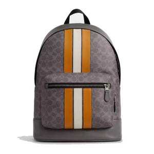 Gray leather backpack with signature pattern, featuring vertical orange and white stripes, front zipper pocket, and top handle.