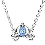 A necklace with a silver chain features an ornate pendant resembling a carriage, with a central marquise-cut light blue gemstone and small accent stones.