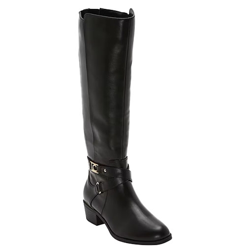 Black knee-high riding boot with a low block heel and sleek leather finish, featuring an ankle strap detail with gold-tone hardware.