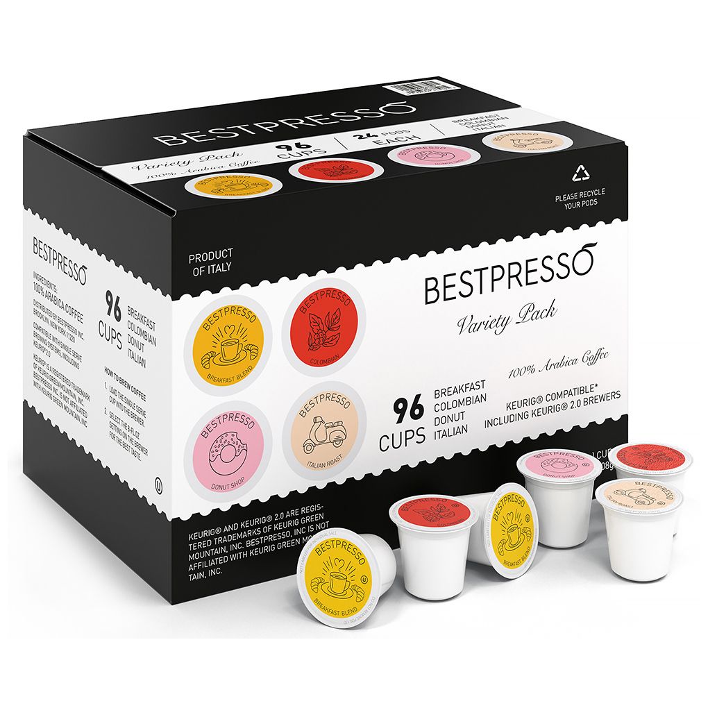 A box of Bestpresso Variety Pack coffee pods for Keurig machines, containing 96 capsules in different flavors.