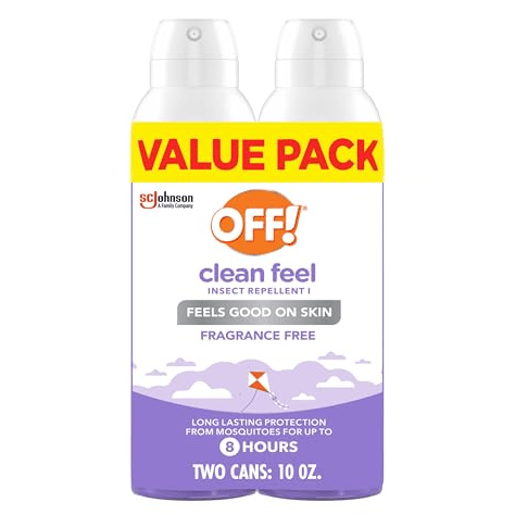 OFF! Clean Feel Insect Repellent Value Pack contains two 10 oz cans, offering fragrance-free protection against mosquitoes for up to 8 hours.