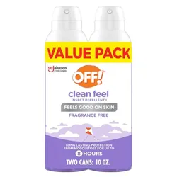 OFF! Clean Feel Insect Repellent Value Pack contains two 10 oz cans, offering fragrance-free protection against mosquitoes for up to 8 hours.