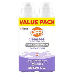 OFF! Clean Feel Insect Repellent Value Pack contains two 10 oz cans, offering fragrance-free protection against mosquitoes for up to 8 hours.