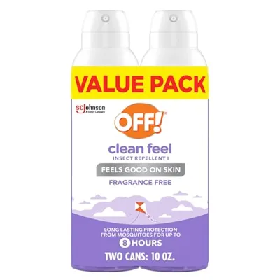 OFF! Clean Feel Insect Repellent Value Pack contains two 10 oz cans, offering fragrance-free protection against mosquitoes for up to 8 hours.