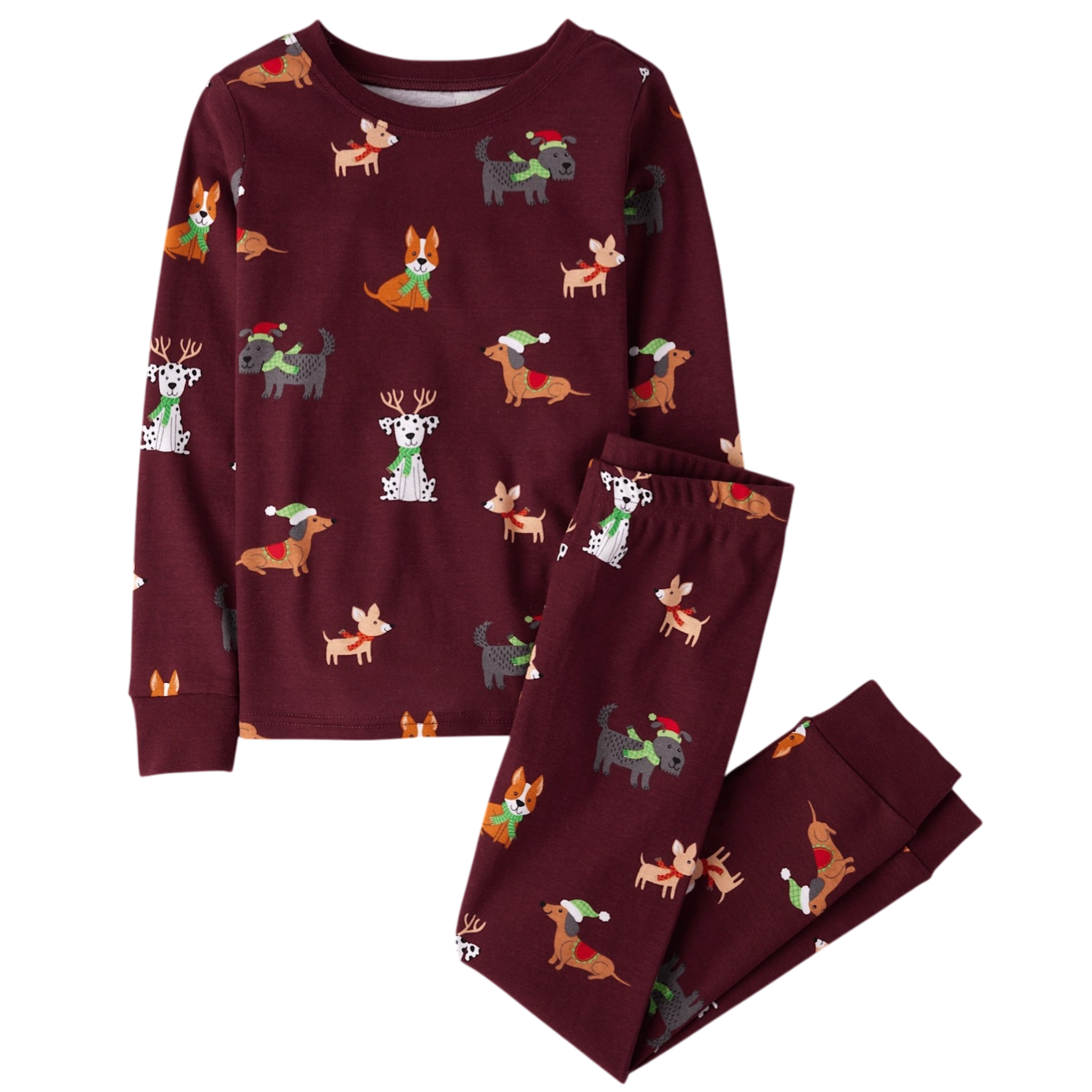 Burgundy pajamas featuring a festive dog pattern with various breeds wearing holiday attire like scarves and hats.