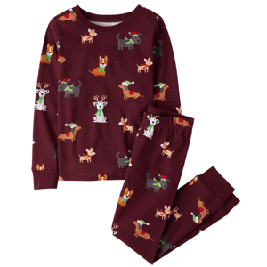 Burgundy pajamas featuring a festive dog pattern with various breeds wearing holiday attire like scarves and hats.