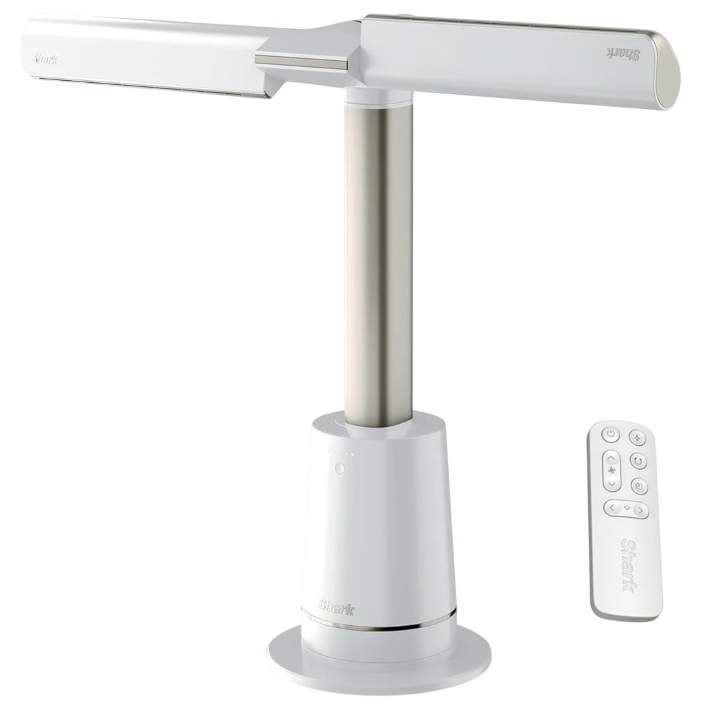 A bladeless fan with a vertical design and a remote control is shown. The fan features a sleek, modern appearance with a cylindrical base.