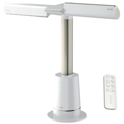A bladeless fan with a vertical design and a remote control is shown. The fan features a sleek, modern appearance with a cylindrical base.