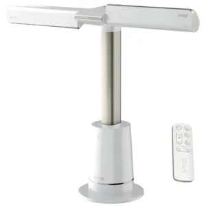 A bladeless fan with a vertical design and a remote control is shown. The fan features a sleek, modern appearance with a cylindrical base.