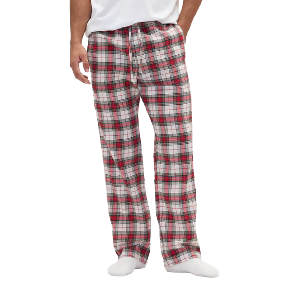 Plaid pajama pants with a red, white, and gray tartan pattern, featuring an elastic waistband and drawstring closure. Worn with white socks.