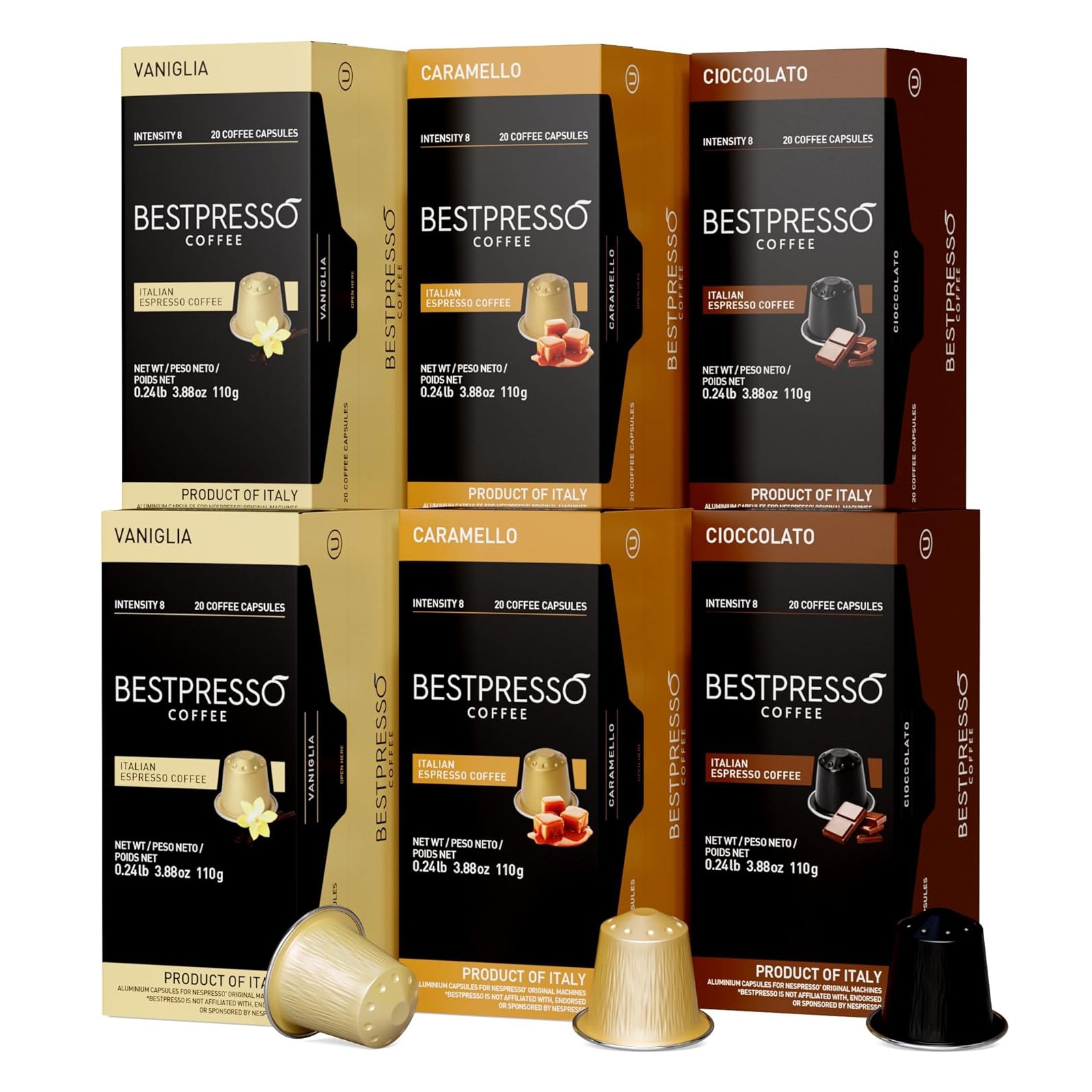 Bestpresso Coffee offers a variety pack of Italian espresso capsules in three flavors: Vaniglia, Caramello, and Cioccolato. Each box contains 20 capsules with an intensity level of 8, and they are a product of Italy.