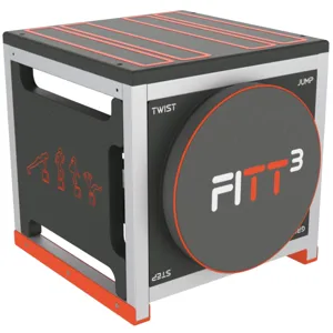 Cube-shaped exercise equipment with handles, featuring the label \“FITT 3\“ and options for twist, jump, and step exercises; includes graphic instructions on the side.