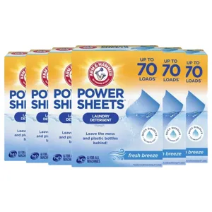 Arm & Hammer Power Sheets Laundry Detergent in \“Fresh Breeze\“ scent, offering up to 70 loads per pack, with a focus on reducing plastic waste, suitable for all machines.