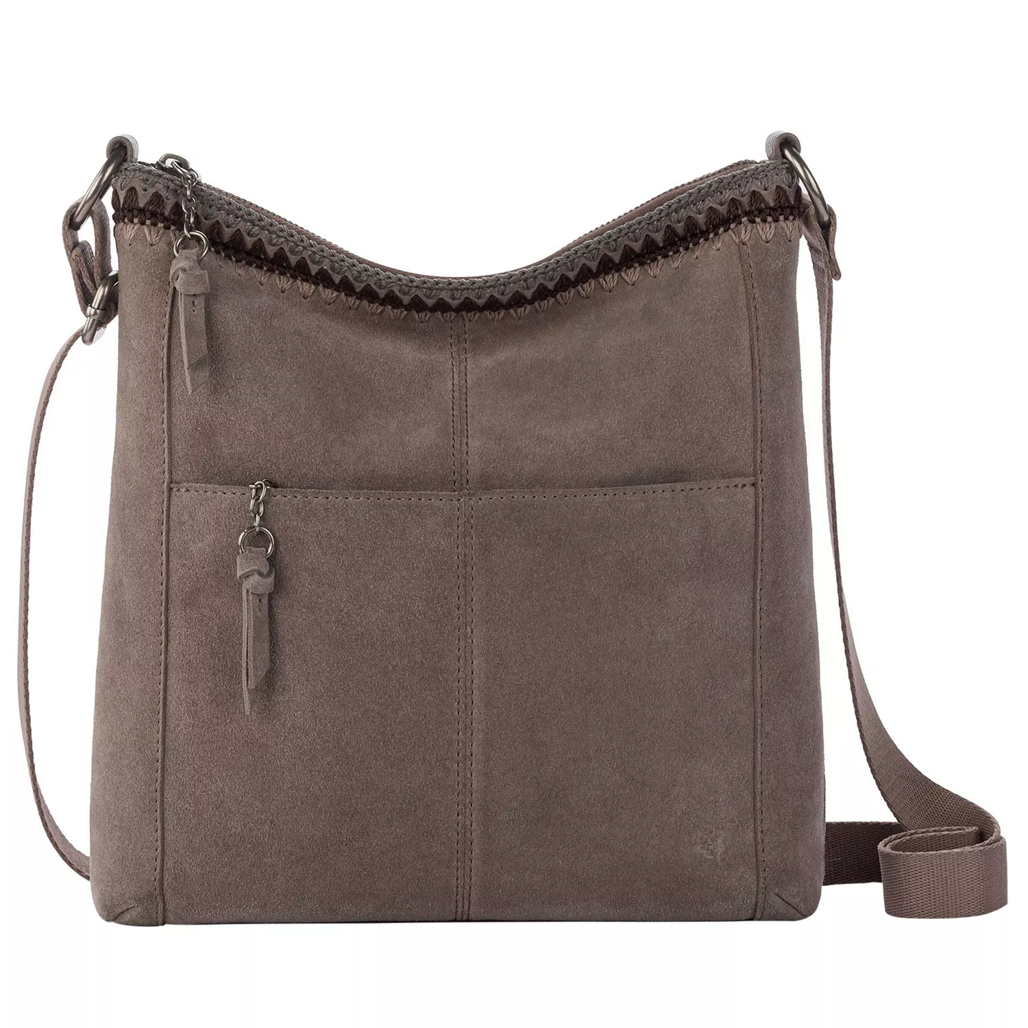 A taupe suede crossbody bag featuring a zippered front pocket, curved top with crochet detailing, and an adjustable strap.
