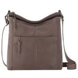A taupe suede crossbody bag featuring a zippered front pocket, curved top with crochet detailing, and an adjustable strap.