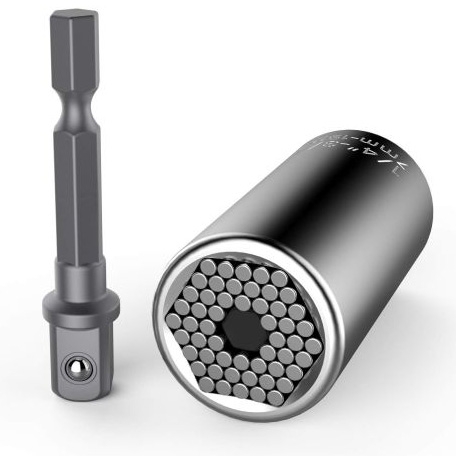 Universal socket wrench with a hexagonal interior made of adjustable metal pins, paired with a hex drill bit adapter for versatile use with various bolt sizes.