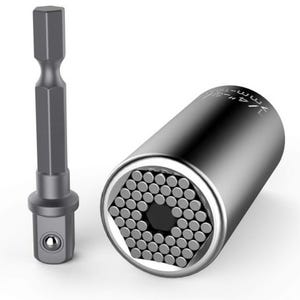 Universal socket wrench with a hexagonal interior made of adjustable metal pins, paired with a hex drill bit adapter for versatile use with various bolt sizes.