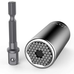 Universal socket wrench with a hexagonal interior made of adjustable metal pins, paired with a hex drill bit adapter for versatile use with various bolt sizes.
