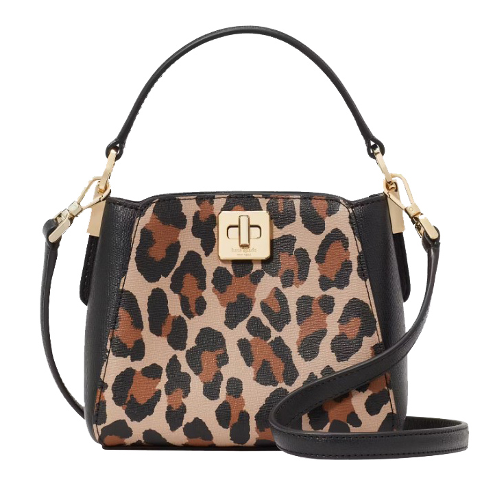 Kate Spade Phoebe Mini Tote in Leopard features a gold-tone turn-lock closure, black leather accents, a detachable shoulder strap, and a top handle with a leopard print design.
