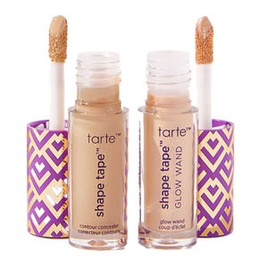 Tarte Shape Tape contour concealer and Glow Wand feature a purple and gold geometric pattern.
