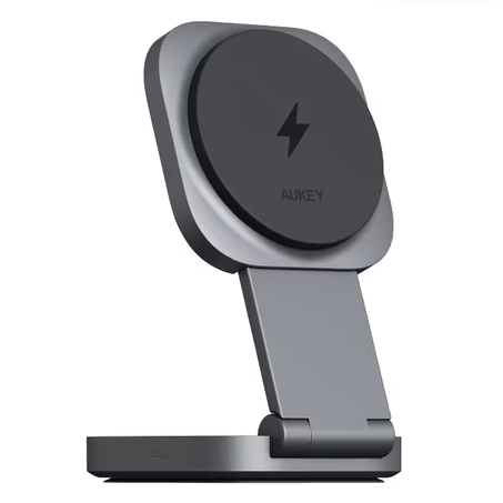 A wireless charging stand with a sleek design, featuring a charging pad marked with a lightning bolt symbol and an adjustable hinge for convenient device positioning.