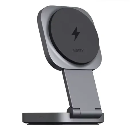 A wireless charging stand with a sleek design, featuring a charging pad marked with a lightning bolt symbol and an adjustable hinge for convenient device positioning.